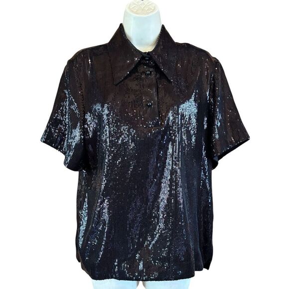 Maison Rabih Kayrouz Black Sequin Collar Shirt in Black NWT Size 42/ US 10 - Picture 1 of 6